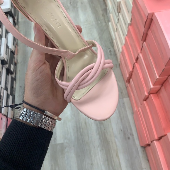 T-Strap Block Heeled Sandals Twist Detail in Pink Faux Leather - Picture 12 of 13